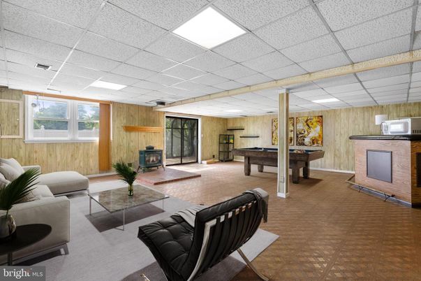 Billiard Table, Fireplace, Game Room, Interior, Living room, Recessed Lighting, Wooden Walls