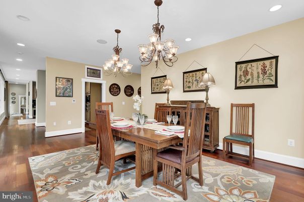 Chandelier, Dining room, Interior, Recessed Lighting, Wood Texture Flooring