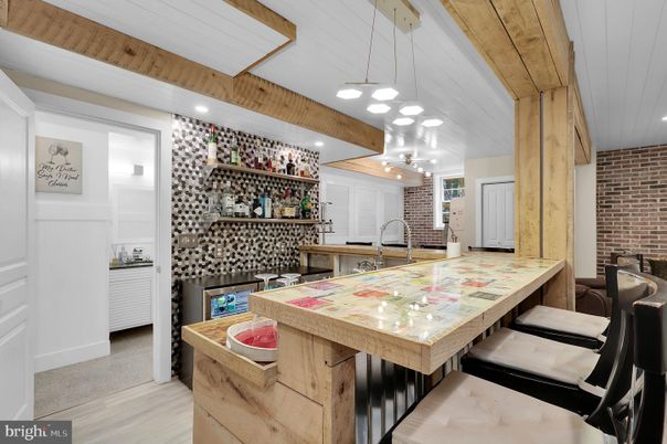 Interior, Kitchen, Pendant Lights, Recessed Lighting, Stone Walls, Wood Texture Flooring