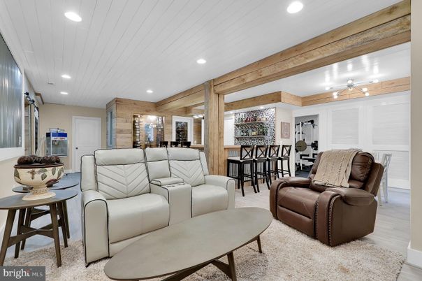 Dining room, Interior, Living room, Recessed Lighting, Wooden Beams, Wood Texture Flooring, Wooden Walls