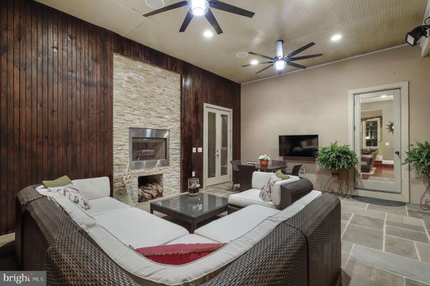 Fireplace, Interior, Living room, Recessed Lighting, Stone Walls, Wooden Walls