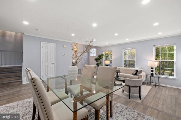 Dining room, Interior, Living room, Recessed Lighting, Wood Texture Flooring