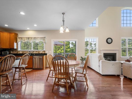 Dining room, Fireplace, Interior, Kitchen, Living room, Pendant Lights, Recessed Lighting, Wood Texture Flooring