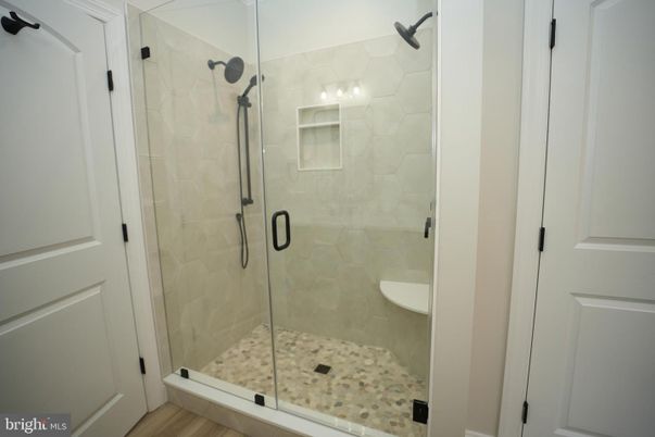 Bathroom, Glass Shower, Interior, Wood Texture Flooring