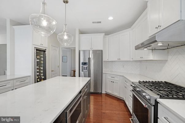 Interior, Kitchen, Pendant Lights, Recessed Lighting, Stainless Steel Appliances, Wood Texture Flooring