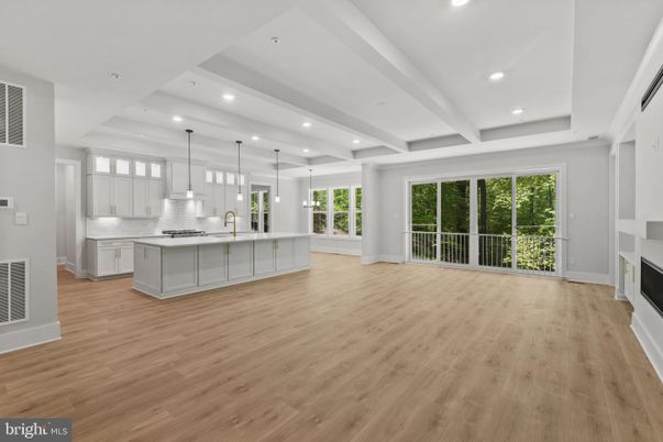 Fireplace, Interior, Kitchen, Pendant Lights, Recessed Lighting, Wood Texture Flooring