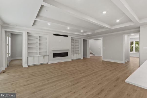 Empty room, Fireplace, Interior, Recessed Lighting, Wood Texture Flooring