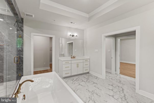 Bathroom, Dual Sink Vanities, Glass Shower, Interior, Marble, Marble Walls