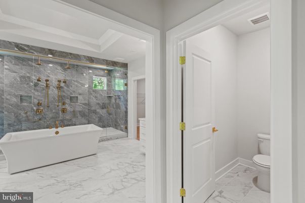 Bathroom, Free Standing Baths, Glass Shower, Interior, Marble, Marble Walls, Recessed Lighting