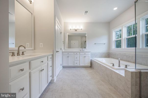Bathroom, Dual Sink Vanities, Interior, Marble, Recessed Lighting