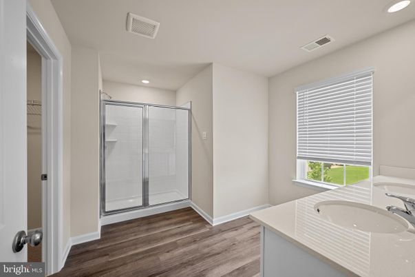 Bathroom, Glass Shower, Interior, Recessed Lighting, Wood Texture Flooring