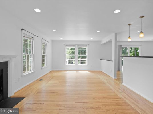 Empty room, Fireplace, Interior, Pendant Lights, Recessed Lighting, Wood Texture Flooring