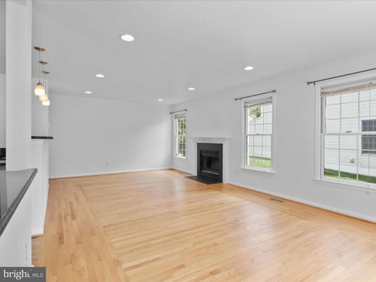 Empty room, Fireplace, Interior, Pendant Lights, Recessed Lighting, Wood Texture Flooring