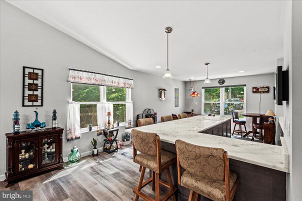 Dining room, Interior, Pendant Lights, Recessed Lighting, Wood Texture Flooring