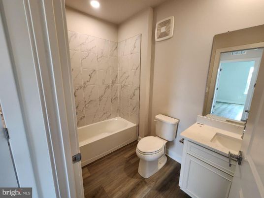 Bathroom, Interior, Marble Walls, Recessed Lighting, Wood Texture Flooring