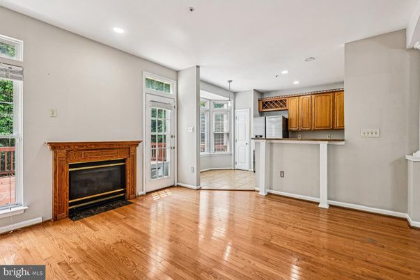 Empty room, Fireplace, Interior, Kitchen, Recessed Lighting, Wood Texture Flooring