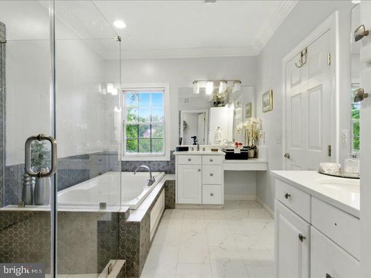 Bathroom, Dual Sink Vanities, Glass Shower, Interior, Marble, Recessed Lighting
