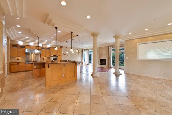 Fireplace, Interior, Kitchen, Pendant Lights, Recessed Lighting, Stainless Steel Appliances