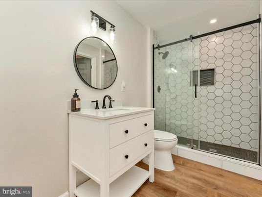 Bathroom, Glass Shower, Interior, Recessed Lighting, Wood Texture Flooring