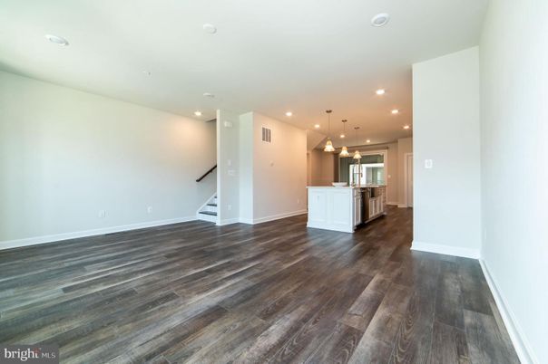 Empty room, Interior, Kitchen, Pendant Lights, Recessed Lighting, Wood Texture Flooring