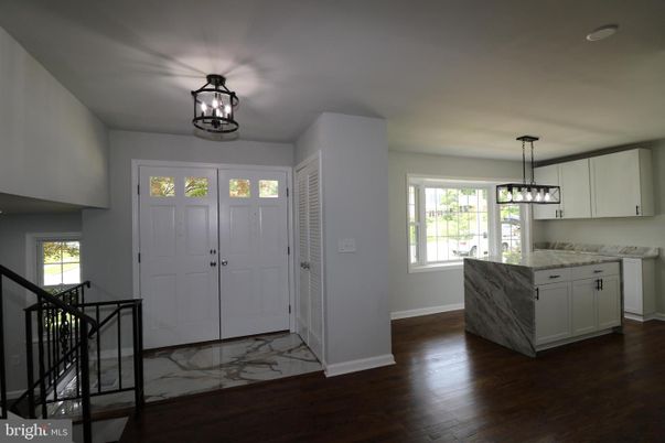 Interior, Kitchen, Marble, Pendant Lights, Wood Texture Flooring