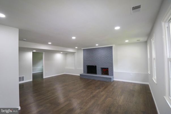 Empty room, Fireplace, Interior, Recessed Lighting, Wood Texture Flooring