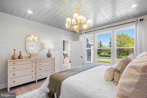Bedroom, Chandelier, Interior, Recessed Lighting, Wood Texture Flooring