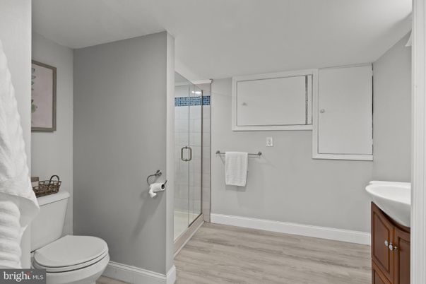 Bathroom, Glass Shower, Interior, Wood Texture Flooring