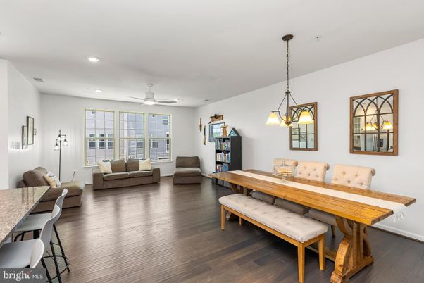 Dining room, Interior, Living room, Pendant Lights, Recessed Lighting, Wood Texture Flooring