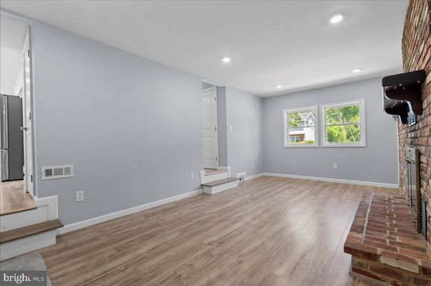 Empty room, Fireplace, Interior, Recessed Lighting, Wood Texture Flooring