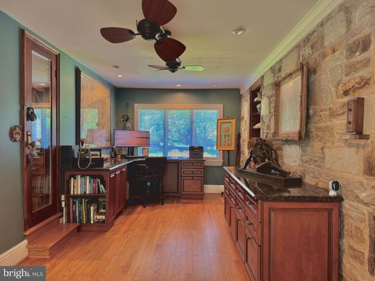 Home Office, Interior, Recessed Lighting, Stone Walls, Wood Texture Flooring