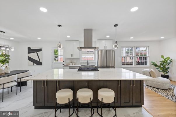 Interior, Kitchen, Marble, Pendant Lights, Recessed Lighting, Stainless Steel Appliances, Wood Texture Flooring