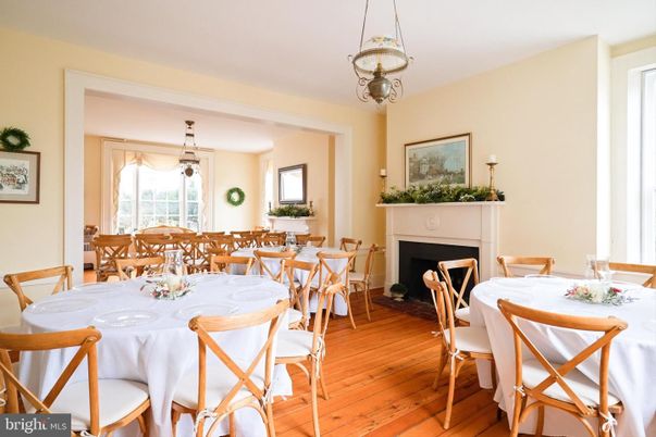 Dining room, Fireplace, Interior, Pendant Lights, Wood Texture Flooring