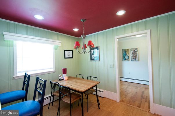 Dining room, Interior, Pendant Lights, Recessed Lighting, Wood Texture Flooring