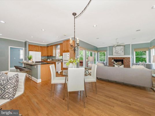 Dining room, Fireplace, Interior, Kitchen, Living room, Pendant Lights, Recessed Lighting, Wood Texture Flooring