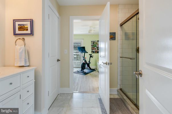 Bathroom, Fitness Equipment, Glass Shower, Interior, Marble
