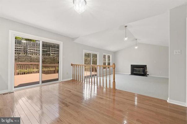 Empty room, Fireplace, Interior, Pendant Lights, Wood Texture Flooring