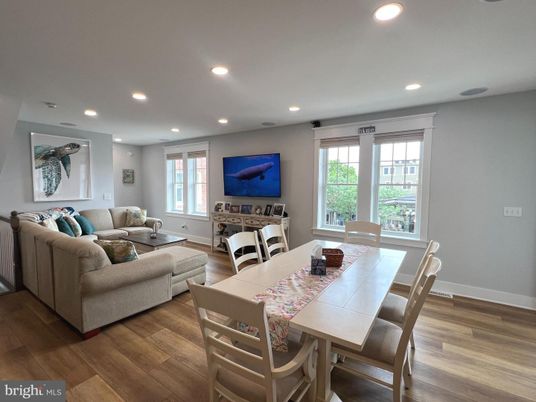 Dining room, Interior, Living room, Recessed Lighting, Wood Texture Flooring