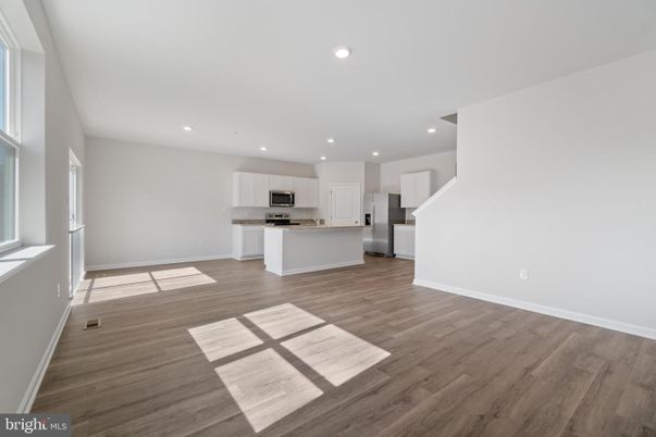 Empty room, Interior, Kitchen, Recessed Lighting, Wood Texture Flooring
