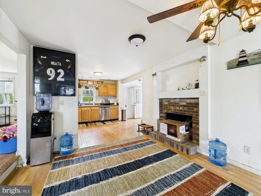 Fireplace, Interior, Kitchen, Stainless Steel Appliances, Wooden Beams, Wood Texture Flooring