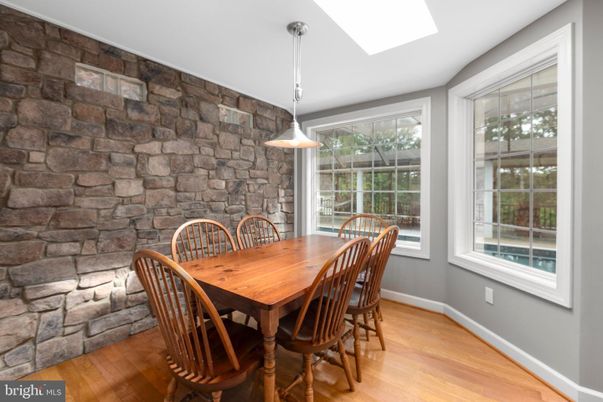 Dining room, Interior, Pendant Lights, Stone Walls, Wood Texture Flooring