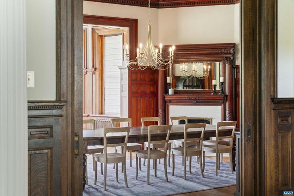 Chandelier, Dining room, Fireplace, Interior, Wood Texture Flooring