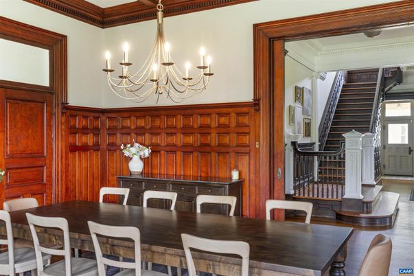Chandelier, Dining room, Interior, Wood Texture Flooring, Wooden Walls
