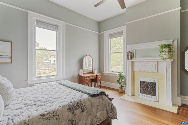 Bedroom, Fireplace, Interior, Wood Texture Flooring