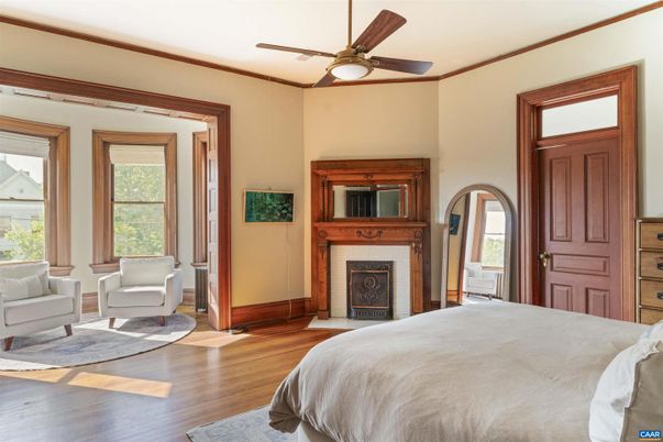 Bedroom, Fireplace, Interior, Wood Texture Flooring