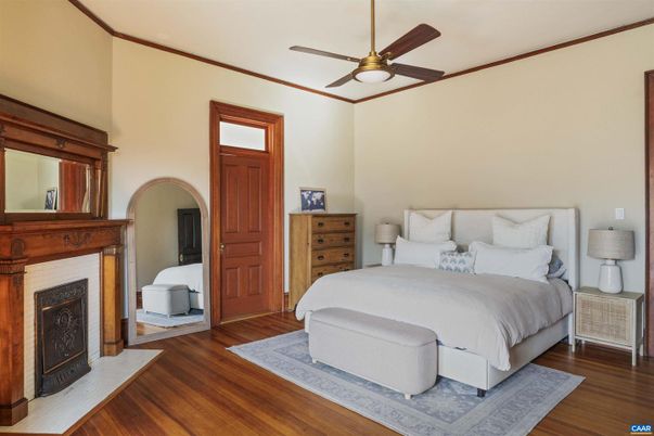 Bedroom, Fireplace, Interior, Wood Texture Flooring