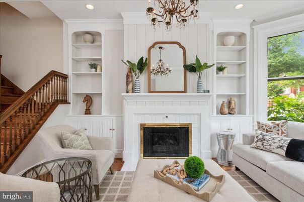 Chandelier, Fireplace, Interior, Living room, Recessed Lighting, Wood Texture Flooring