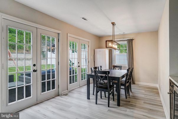 Dining room, Interior, Pendant Lights, Wood Texture Flooring