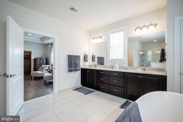 Bathroom, Bedroom, Dual Sink Vanities, Free Standing Baths, Interior, Recessed Lighting, Wood Texture Flooring