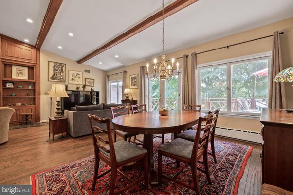 Chandelier, Dining room, Interior, Living room, Recessed Lighting, Wooden Beams, Wood Texture Flooring